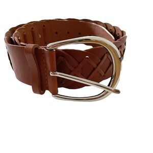 NWOT Guess Wide Whipstitch Brown Leather Oval Silver Buckle Women's Belt M